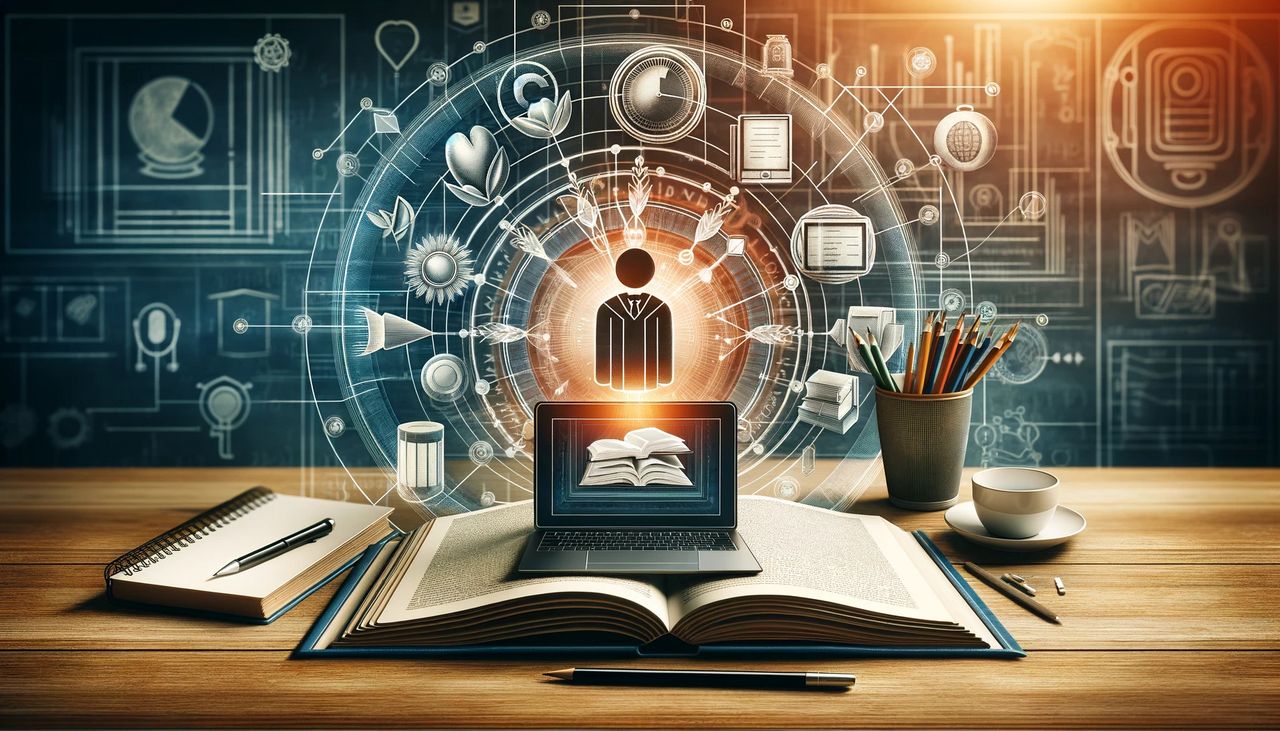 An AI created image showing an open laptop on top of an open book, with a silhouette of a person above, surrounded by learning imagery.
